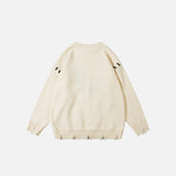 Back view of the beige No internet T-Rex Ripped Loose Sweater in a gray background