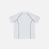 Front view of the white Loose Patchwork Oversized T-shirt in a gray background 