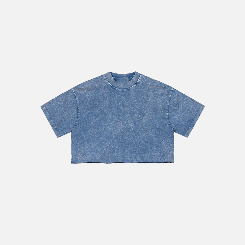 Front view of the blue Women's Retro Washed Distressed T-shirt in a gray background
