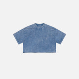 Front view of the blue Women's Retro Washed Distressed T-shirt in a gray background