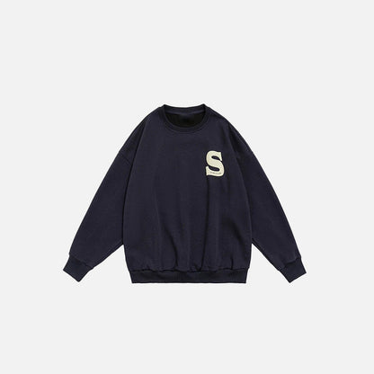 Front view of the navy blue S Foaming Print Sweatshirt in a gray background
