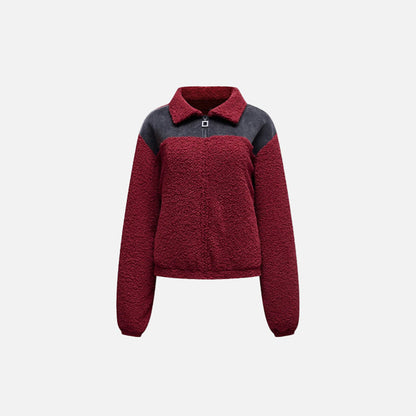 Front view of the red Cozy Women's Plush Jacket in a gray background