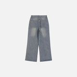 Back view of the blue Knee Ripped Loose Jeans in a gray background 