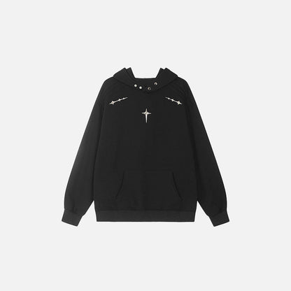 Front view of the black Loose Stellar Cross Hoodie in a gray background
