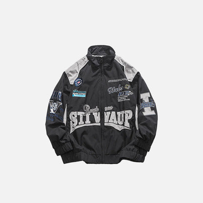 Front view of the black Letter-Embroidered Racing Jacket in a gray background 