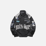 Front view of the black Letter-Embroidered Racing Jacket in a gray background 