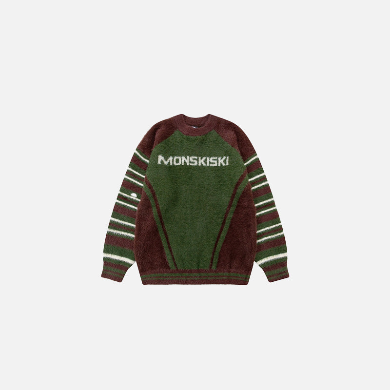 Front view of the green Monskiski Retro Stripe Sweater in a gray background