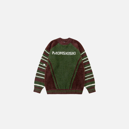 Front view of the green Monskiski Retro Stripe Sweater in a gray background