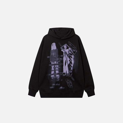 Front view of the black Abstract Graffiti Hoodie in a gray background