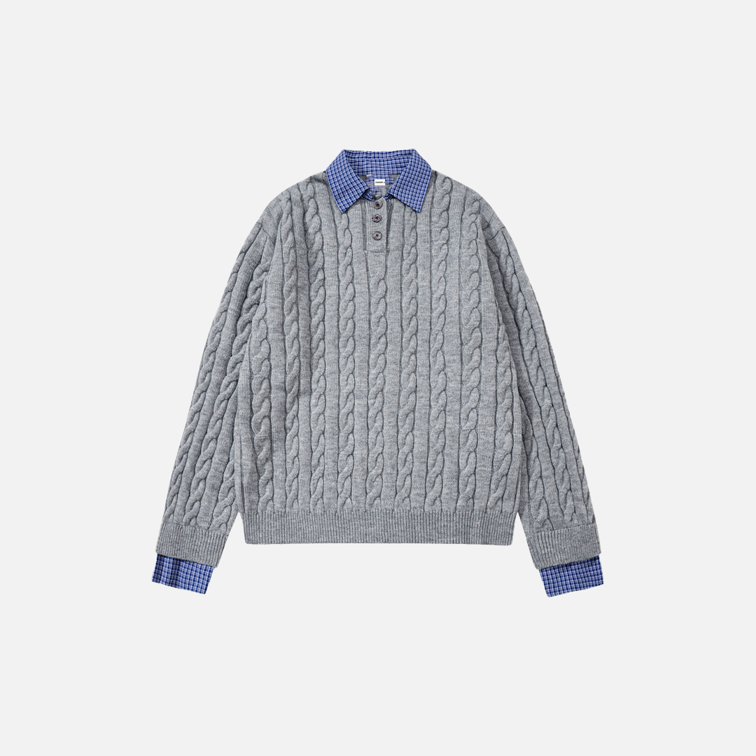 Stylish Fake Two Piece Preppy Check Collar Sweater