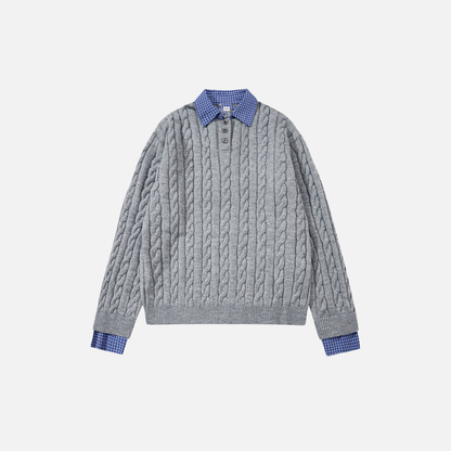 Stylish Fake Two Piece Preppy Check Collar Sweater