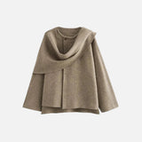 Front view of the khaki Versatile Scarf Jacket in a gray background