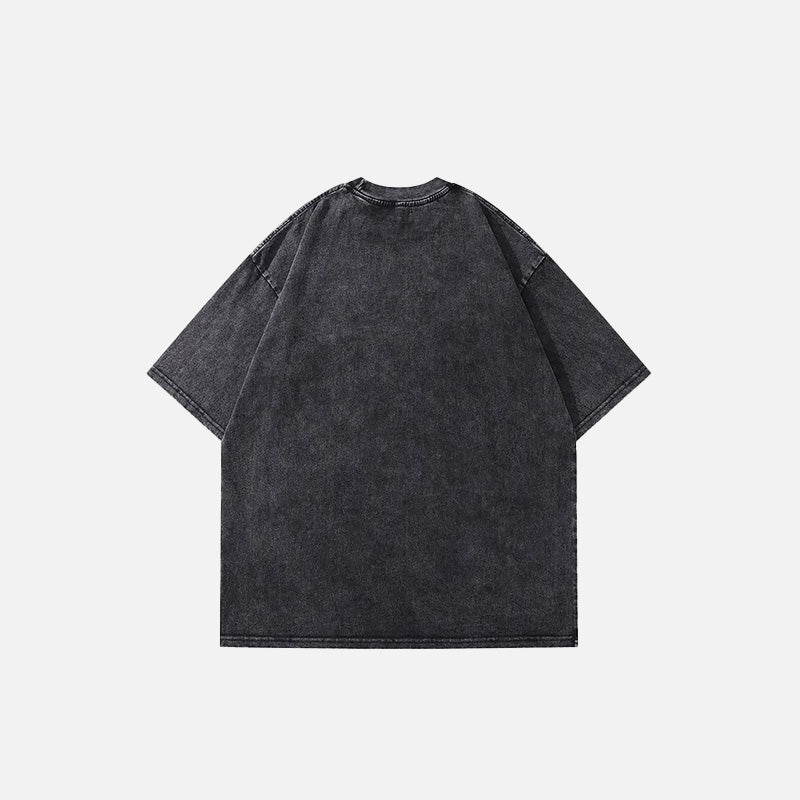 Back view of the black Flame Skull Heart Graphic T-shirt in a gray background