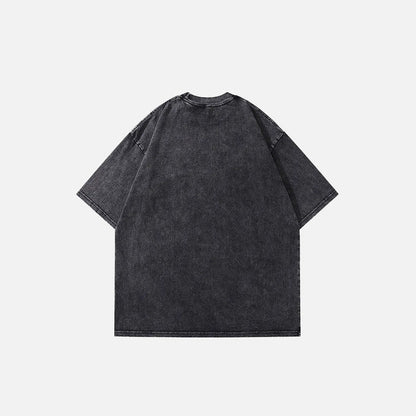 Back view of the black Flame Skull Heart Graphic T-shirt in a gray background