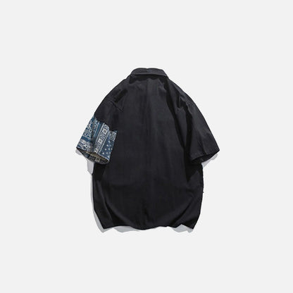 Back view of the black Bandanna Patchwork Shirt in a gray background