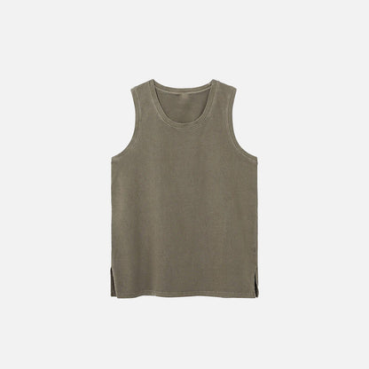 Front view of the brown Side Slit Unisex Sleeveless T-shirt in a gray background 