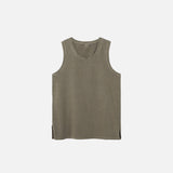 Front view of the brown Side Slit Unisex Sleeveless T-shirt in a gray background 