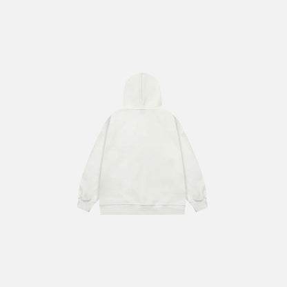 Back view of the white Cosmic Icons Hoodie in a gray background