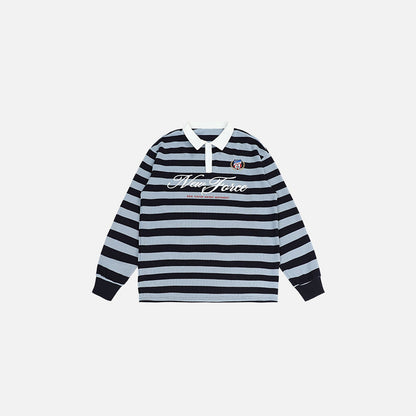 Front view of the blue Classic Striped Rugby T-shirt in a gray background