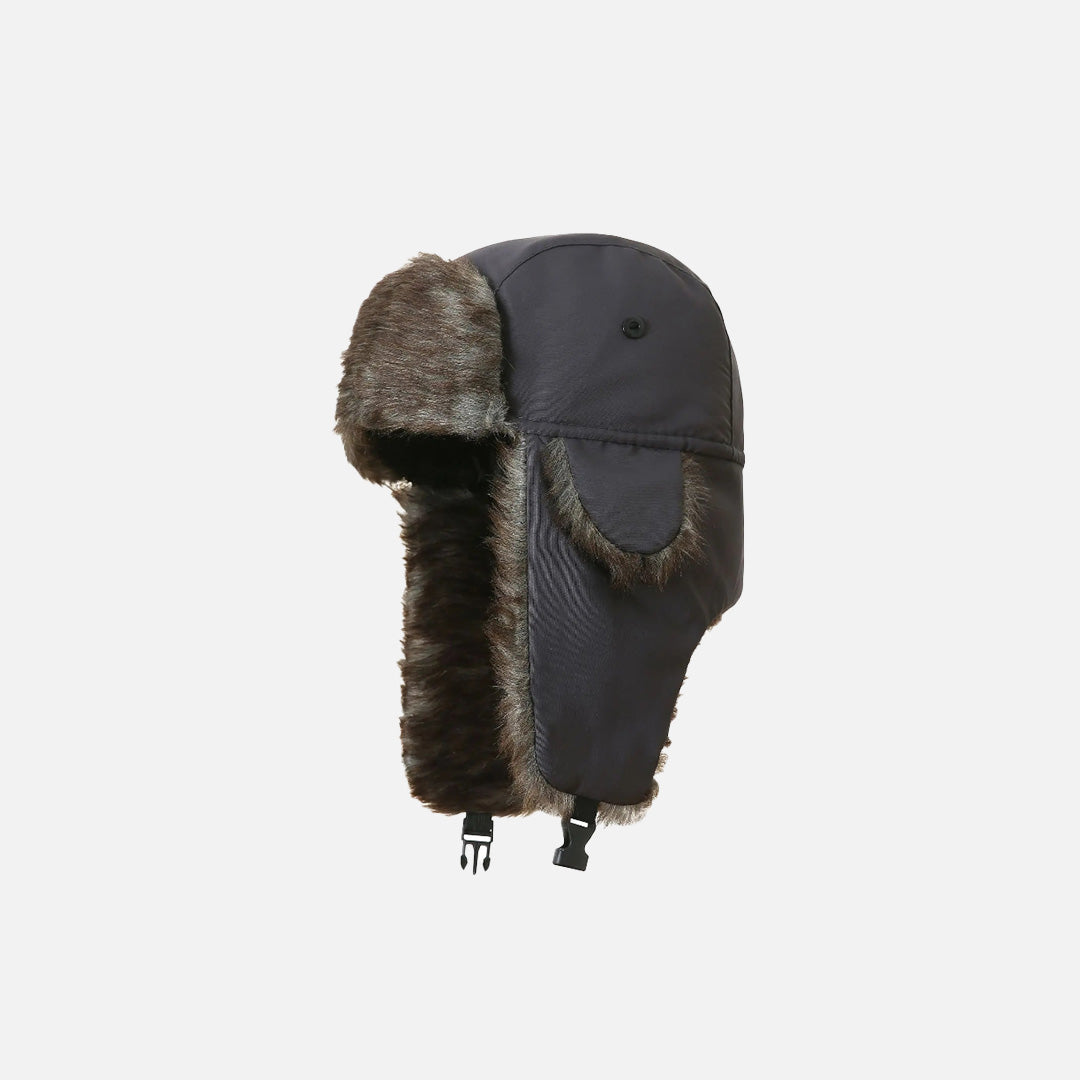 Front view of the gray Faux Fur Lined Trapper Hat in a gray background