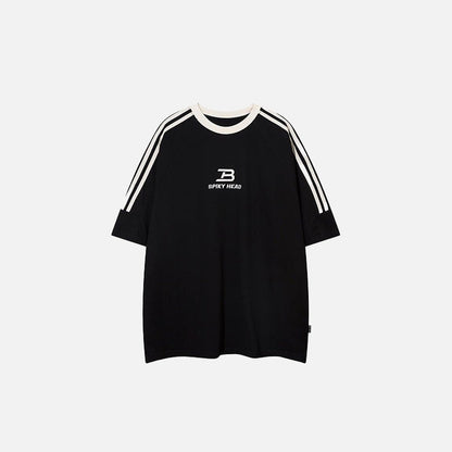 Front view of the black Side Striped Sports T-shirt in a gray background 
