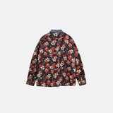 Front view of the red Cyclist Floral Patterned Shirt in a gray background