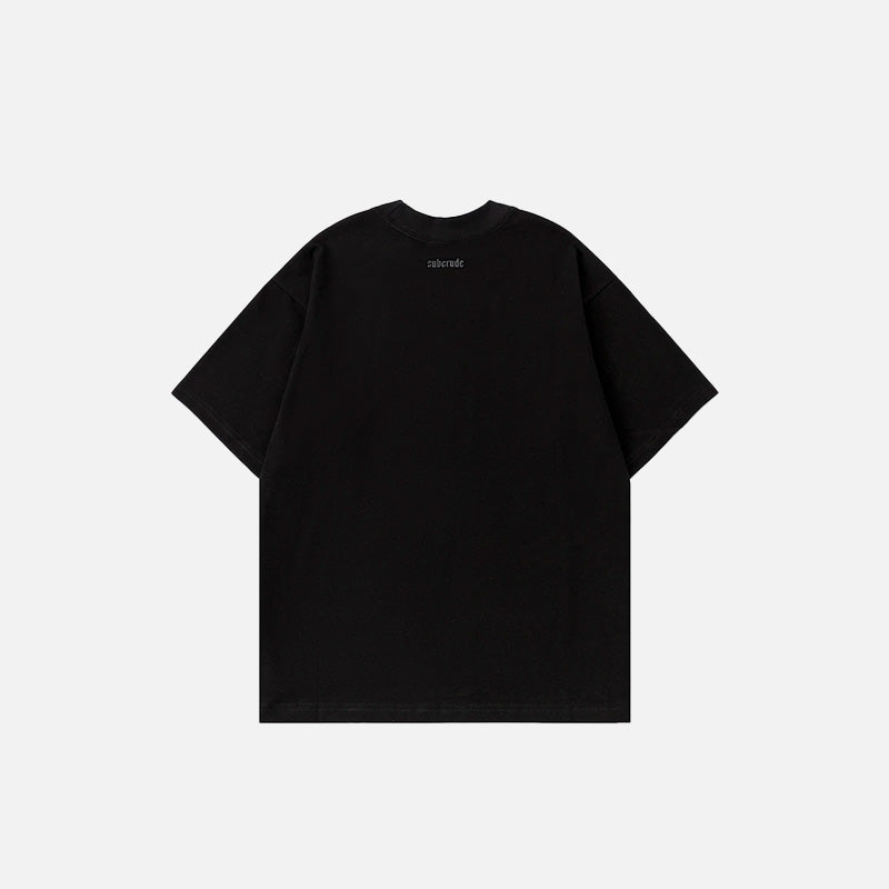 Back view of the black The Island Graphic T-shirt in a gray background 