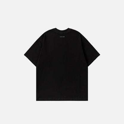 Back view of the black The Island Graphic T-shirt in a gray background 