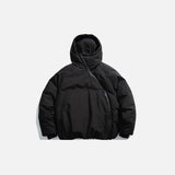 Front view of the black Cross-Zip Quilted Jacket in a gray background