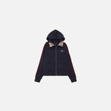 Front vew of the navy blue Plaid Accent Hoodie in a gray background