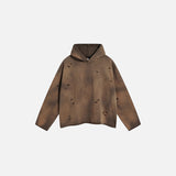 Front view of the brown Vintage Shred Hoodie in a gray background