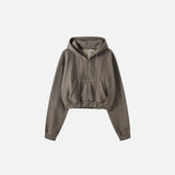Front view of the coffee Women's Fleece Zip-up Hoodie in a gray background 
