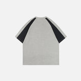 Back view of the grey Blackween Raglan Graphic T-shirt in a gray background