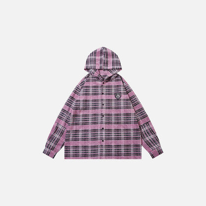 Front view of the pink Plaid Hooded Button-Up Shirt in a gray background