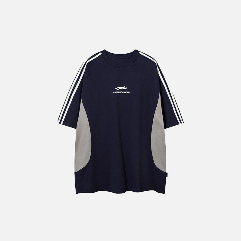 Front view of the blue Contrast Color Speedway Sports T-shirt in a gray backgroundf