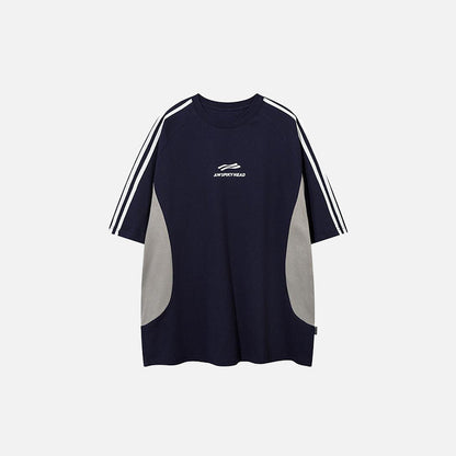 Front view of the blue Contrast Color Speedway Sports T-shirt in a gray backgroundf