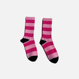 Front view of the pink Bold Stripe Crew Socks in a gray background