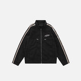 Embroidery Striped Sleeve Leather Jacket
