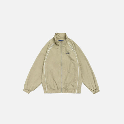 Front view of the khaki Vintage Striped Varsity Jacket in a gray background 