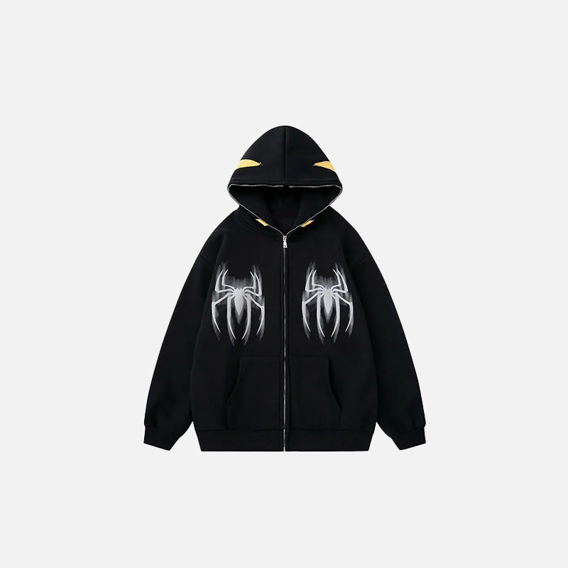 Front view of the black Y2k Gothic Web Zip-Up Hoodie in a gray background
