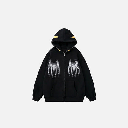 Front view of the black Y2k Gothic Web Zip-Up Hoodie in a gray background