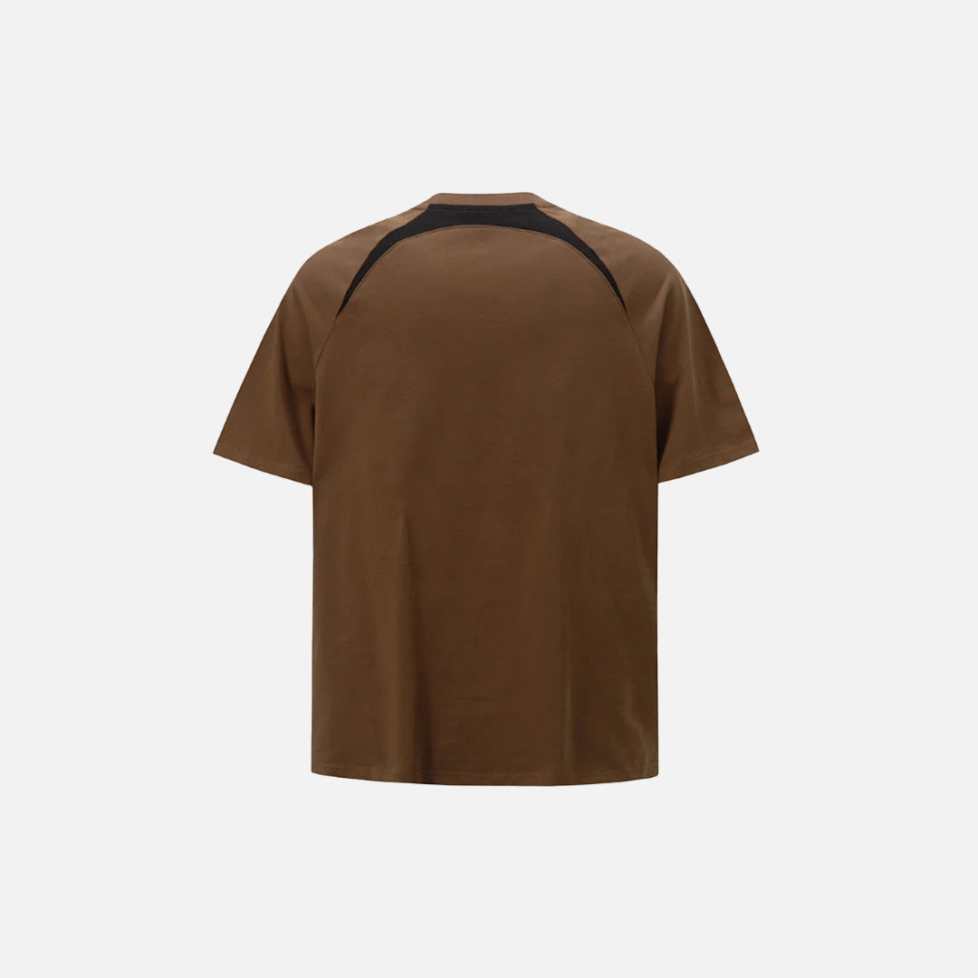 Back view of the brown Embroidery Patchwork T-shirt in a gray background