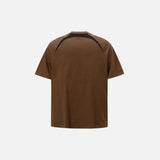 Back view of the brown Embroidery Patchwork T-shirt in a gray background