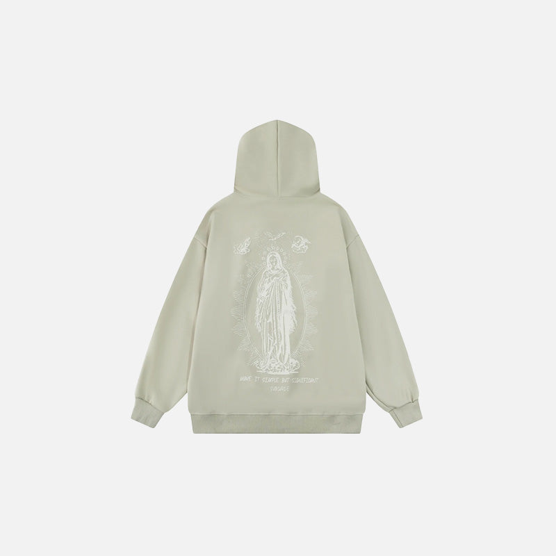 Back view of the beige Heavenly Guardian Scared Art Hoodie in a gray background