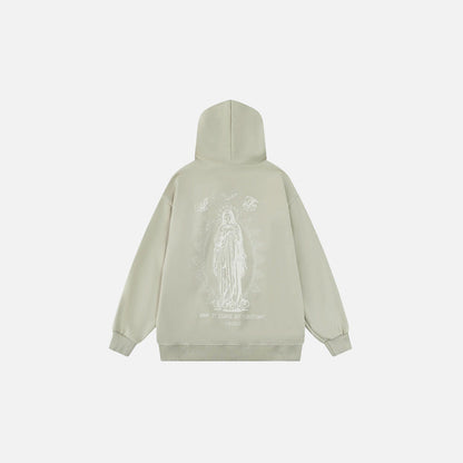 Back view of the beige Heavenly Guardian Scared Art Hoodie in a gray background