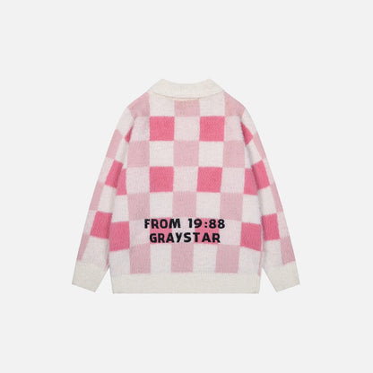 Back view of the pink Y2K Graystar Grid Sweater in a gray background