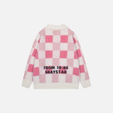 Back view of the pink Y2K Graystar Grid Sweater in a gray background