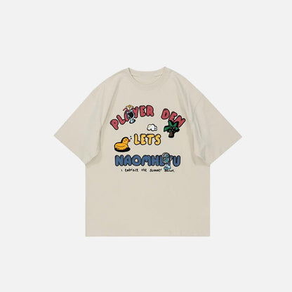 Front view of the apricot Cute Graphic Loose T-Shirt in a gray background 