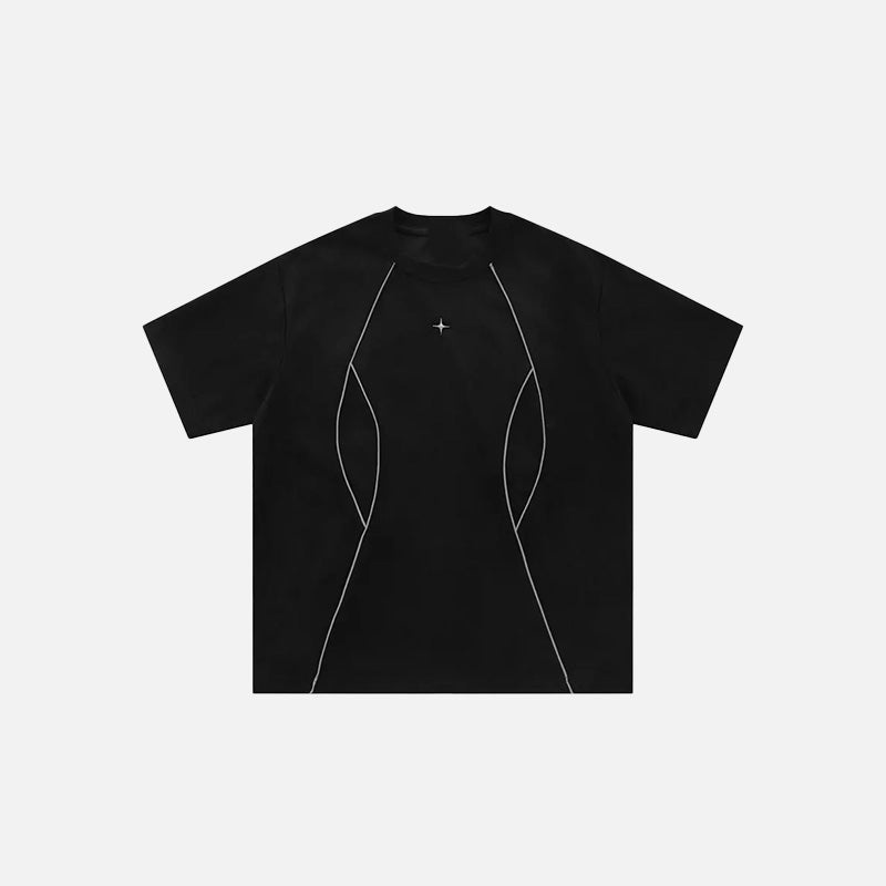 Front view of the black view of the gray Solid Stripes Loose T-Shirt in a gray background