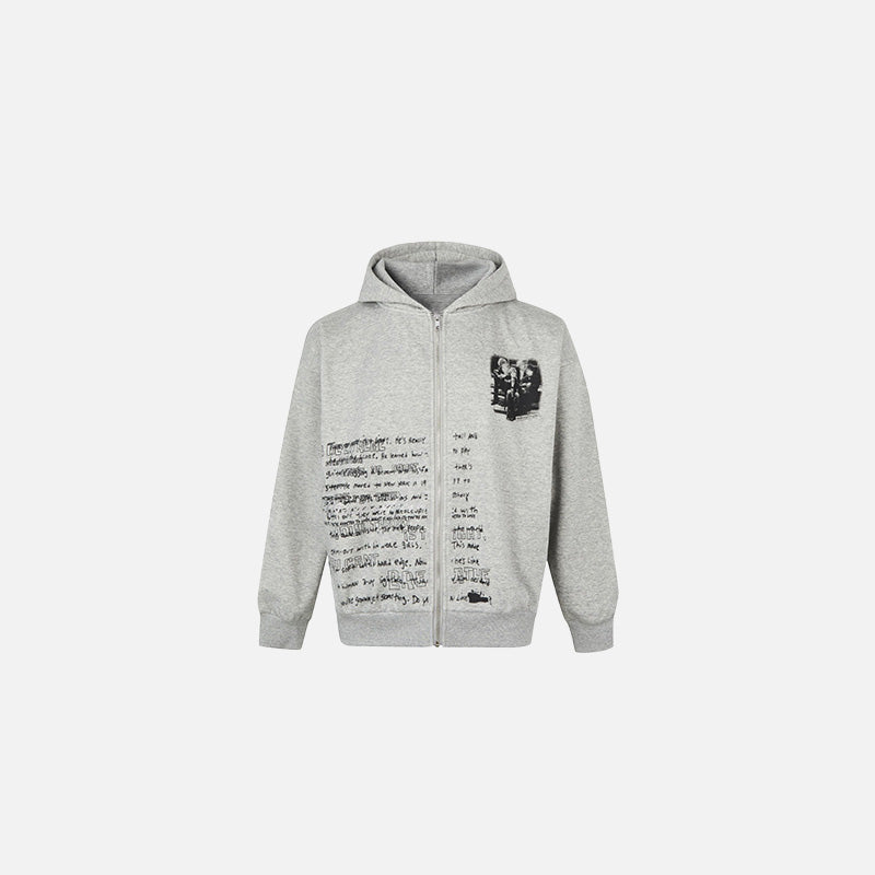 Front view of the grey Graphic Zip-Up Hoodie in a gray background